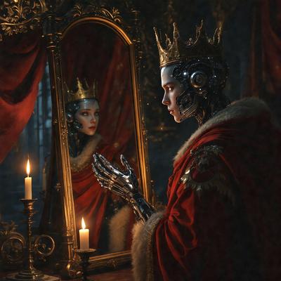 The primary subject of the image is a man wearing a crown and a robe, standing in front of a mirror. The setting appears to be a royal or regal environment, with the man dressed in a fancy outfit. The visual style of the image is digital art, as it is a detailed and intricate illustration. The colors and mood of the image are rich and majestic, with the man's attire and the overall composition creating a sense of grandeur and importance.
